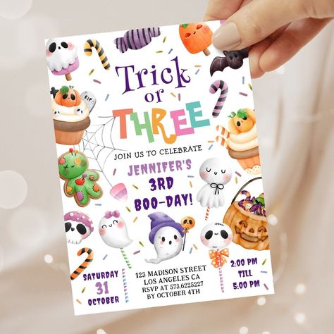 Trick or Three! Cute Purple Halloween 3rd Birthday Invitation 3rd Birthday Themes, Three Birthday Party, 3rd Birthday Invitation, Invitations Halloween, Ghost Cute, Halloween Purple, Halloween Birthday Invitations, October 3rd, Third Birthday Party