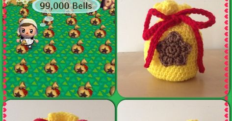 Animal Crossing is one of my favorite game series and i've made quite a few related projects... but this is one of the cutest and most funct... Bell Bag Crochet, Bag Crochet Patterns Free, Animal Crossing Bell Bag, Bag Free Crochet Pattern, Bunny Pendant, Grey Crochet, Dice Bag, Pattern Animal, Kawaii Animals