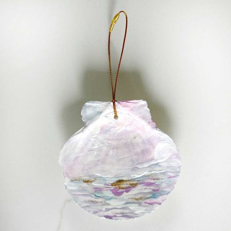 . Seashell Ornament, Seashell Ornaments, Gold Ornaments, Shell Art, Sea Shells, Lilac, Blush, Hand Painted, Gift Ideas