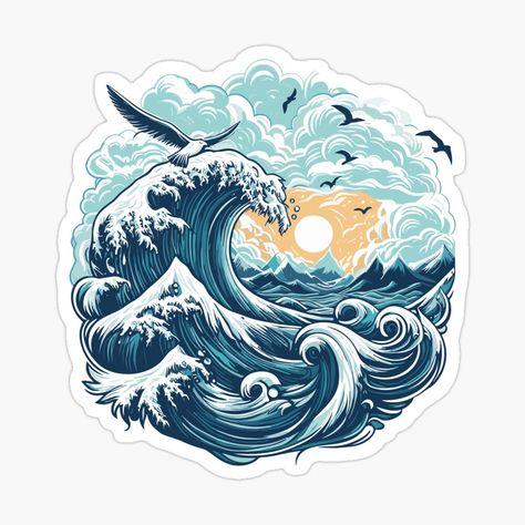 Get my art printed on awesome products. Support me at Redbubble #RBandME: https://www.redbubble.com/i/sticker/Seagull-Wave-by-Gkinoki/156266862.EJUG5?asc=u Marine Stickers, Sea Stickers, Waves Sticker, 2025 Planner, Blue Stickers, Bookish Stickers, App Background, Great Wave Off Kanagawa, Iphone Organization