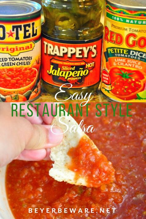 This quick and easy restaurant style salsa is a quick and easy salsa recipe you can make any time of the year for the best salsa right at home. Rotel Salsa Recipe, Simple Salsa Recipe, Salsa With Canned Tomatoes, Restaurant Style Salsa Recipe, Simple Salsa, Restaurant Salsa, Quick Salsa, Rotel Recipes, Best Salsa