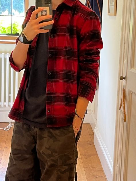 Men In Red Outfit, Punk Street Style Men, Lumberjack Core Outfits, Outfits Ideas For Guys, Gamercore Outfits Male, Loser Boy Outfit, Red Grunge Outfit Men, Red Button Up Shirt Outfit Men, Midwest Emo Fashion Male