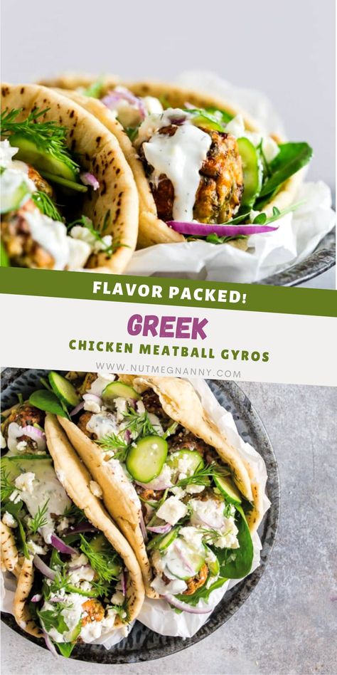 These Greek chicken meatball gyros are packed full of fresh herbs and feta cheese and topped with creamy tzatziki sauce and crunchy vegetables. They are a fun twist to traditional gyros and chicken souvlaki. Meatball Gyros, Ground Chicken Meatballs, Crunchy Vegetables, Chicken Parmesan Meatballs, Chicken Fajita Pasta, Greek Gyros, Gyro Recipe, Chicken Meatball, Dinner Favorites