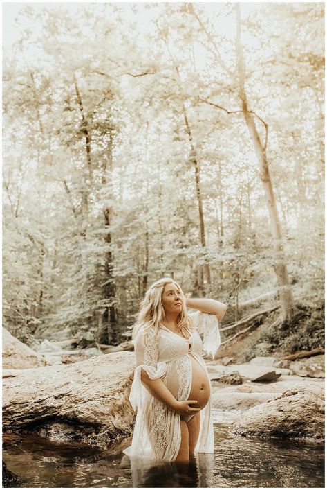 Maternity Photo Shoot Ideas Water, Maternity Photo Shoot Ideas Creek, Creek Photoshoot Maternity, Water Maternity Pictures, Maternity Water Photography, Creek Maternity Pictures, Maternity Photos In Water, Creek Maternity Photos, Maternity Photoshoot In Creek