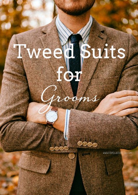 This afternoon, we’re off to the English countryside. Tally ho! Or at least, that’s what it feels like, with this particular trend in groomswear that just happens to be perfect for an a… Tweed Groom, Tweed Wedding, Tweed Wedding Suits, Mens Wedding Attire, Groom Wedding Attire, Outfit 2020, Tally Ho, Wedding Suits Groom, Groomsmen Suits