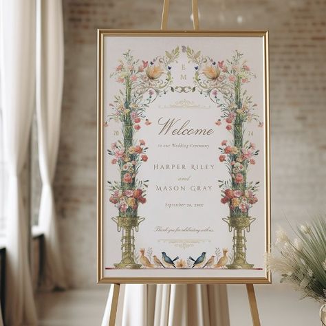 Wedding Welcome Sign Wedding Signs For Reception, Botanical Wedding Decor, Navy Backdrop, Vintage Floral Wedding, Pink Green Wedding, Vintage Wedding Signs, Romantic Garden Wedding, Pink Posters, Wedding Welcome Sign