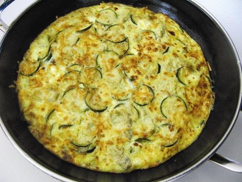 Caramelized Onion Frittata with Artichoke Hearts, Zucchini and Goat Cheese Zucchini And Goat Cheese, Onion Frittata, Turnip Greens, Vegetarian Entrees, Caramelized Onion, How To Cook Potatoes, Artichoke Hearts, Egg Dish, Sauteed Vegetables