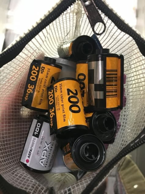 a photo of a bag filled with kodak film rolls waiting to be developed. Kodak Film Camera Aesthetic, 35mm Film Camera Aesthetic, 35 Mm Film Aesthetic, Analog Film Aesthetic, 35 Mm Camera, 35 Mm Film Photography Aesthetic, Vintage Film Camera Aesthetic, Analog Camera Aesthetic, Kodak Aesthetic