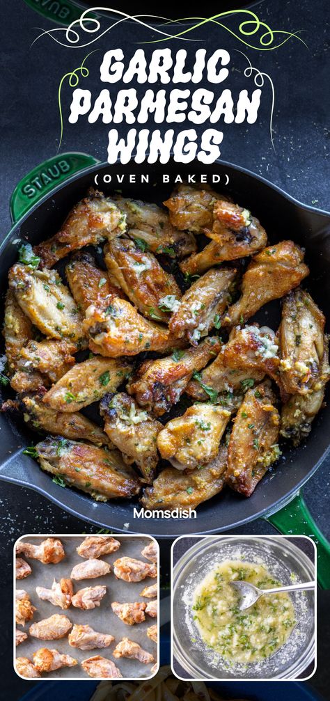 These garlic Parmesan chicken wings, seasoned to crispy perfection and brushed with a mouthwatering garlic butter sauce, are a must-have for your 4th of July celebration. Roll up your sleeves and dig in! Diy Garlic Parmesan Wing Sauce, Garlic Parmesan Wings Oven, Wings Oven Baked, Wings Oven, Parmesan Wing Sauce, Garlic Chicken Wings Recipe, Wings Recipe Baked, Parmesan Wings, Garlic Parmesan Wings