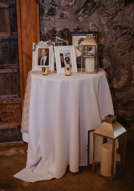 Wedding Memorial table, gold decor, candles, pictures, lantern Small Memorial Table Wedding, Candles Pictures, Remembrance Table, Wedding Memorial Table, Memorial Table, Memory Table Wedding, Memory Table, Decor Candles, Wedding Lanterns