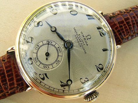 Omega pink gold officer’s watch with guilloche dial 1924 - Vintage Watches Vintage Omega Watches, Omega Watch Vintage, Old Watch, Gentleman Watch, Army Watches, Omega Watches, Watches For Sale, Vintage Timepiece, Skeleton Watches