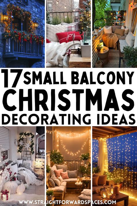 christmas decorating ideas for small balconies with festive lights and accents Veranda Christmas Decor, Small Balcony Christmas Decor, Lights On Balcony, Balcony Christmas Decor Ideas, Christmas Apartment Balcony, Christmas Decor Balcony, Apartment Holiday Decorating, Christmas Balcony Decor, Balcony Christmas Decor