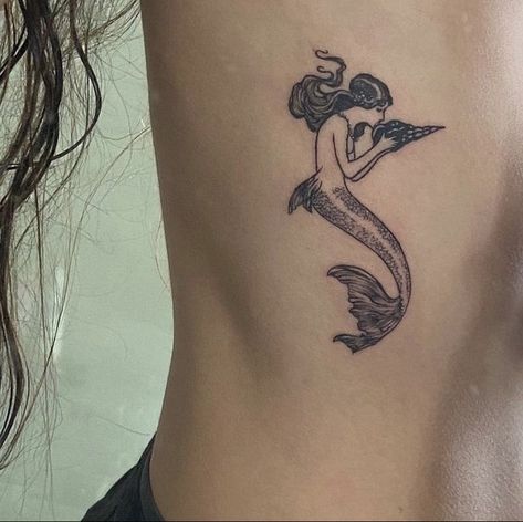 Mermaid Tattoo On Ribs, Aphrodite Tattoo Thigh, Mermaid Stick And Poke, Pretty Mermaid Tattoo, Mermaidcore Tattoo, Mermaid Tattoo Aesthetic, Mermaid Core Tattoo, Mermaid Aesthetic Tattoo, Mermaid Inspired Tattoo