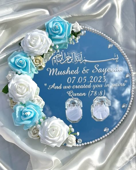 Personalised for your big day! This is an engagement ring plate, as requested by a customer who wanted blue and white flowers as part of their colour theme✨ Each ring plate is customisable according to your preference in terms of colour and design. Engagement Ring Plate, Diy Engagement Decorations, Outdoor Engagement Party, Engagement Ring Platter, Wedding Gift Pack, Blue And White Flowers, Personalised Gifts Diy, Floral Mirror, Wedding Stage Design