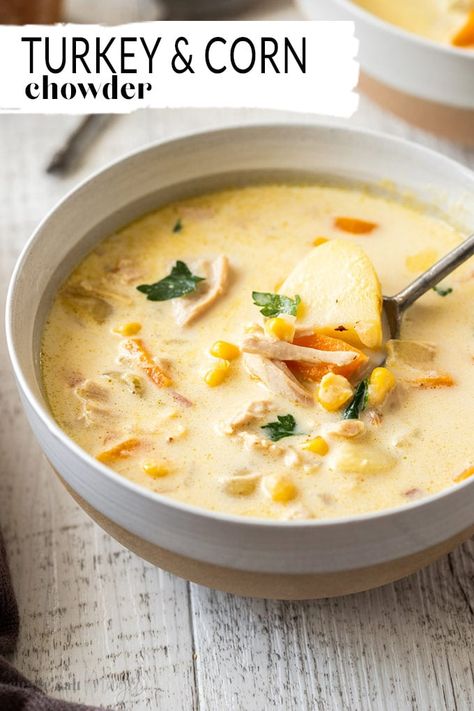 Turkey Corn Chowder, Turkey Chowder, Carrot Baby, Homemade Sausage Rolls, Turkey Leftovers, Corn Chowder Recipe, Chowder Soup, Chowder Recipe, Carrots And Potatoes