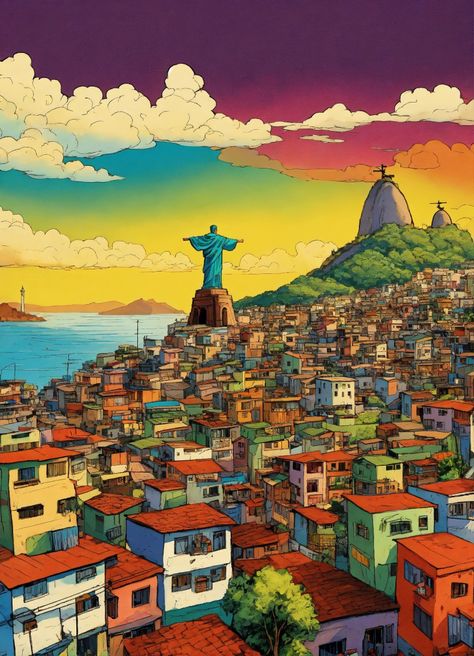 detailed, vibrant illustration of a Rio de Janeiro favela  neighborhood, Cristo redentor in the background , in the style of Tin-Tin comics, vibrant colors, detailed, lots of people, sunny day, attention to detail, 8k Brazil Neighborhood, Brazilian Tattoos, Rio Painting, Brazil Background, Brazil Painting, Brazil Illustration, Brazil Tropical, Brazil Festival, Brasil Art