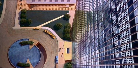 North by Northwest - A full painting of the UN building in New York with only a tiny sliver of live action with 3 people near entrance way. Eva Marie Saint, James Mason, Architecture Series, Hitchcock Film, Types Of Shots, North By Northwest, Eva Marie, Film Grab, Cary Grant