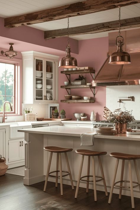 Pink Kitchen Paint, Dusty Rose Kitchen, Dusty Pink Kitchen, Farmhouse Kitchen Paint Colors, Farmhouse Kitchen Paint, Bold Farmhouse, Rose Paint Color, Pink Kitchen Cabinets, Rose Kitchen