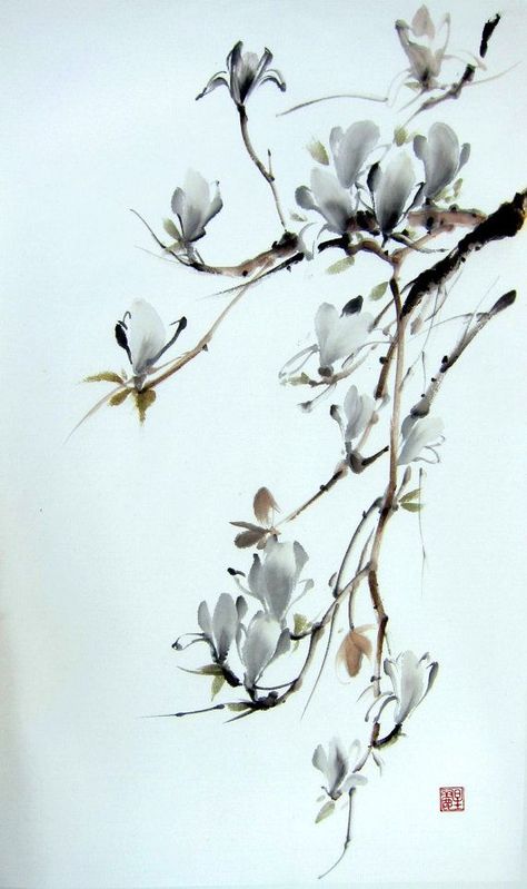 Japanese Magnolia, Japanese Ink Painting, Sumi E Painting, Japanese Watercolor, Asian Painting, Chinese Ink, Eastern Art, Art Japonais, Japanese Painting