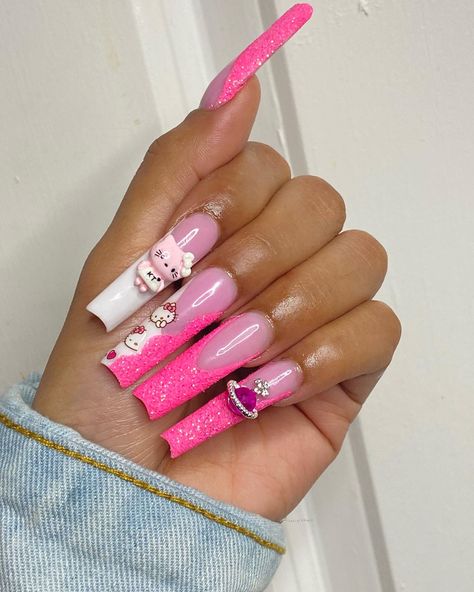 Hello kitty nails Hello Kitty French Tip Nails Long, Hello Kitty Nails Stiletto, Long Acrylic Nails Coffin Hello Kitty, Long Pink Hello Kitty Nails, Hello Kitty Leopard Print Nails, Vday Nails, Kitty Nails, Valentine Nails, Hello Kitty Nails