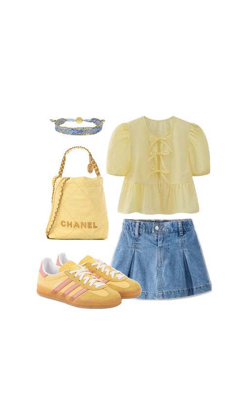 Yellow summer style, trendy summer outfit ideas 2024, yellow summer blouse, trendy blouse, denim skirt 2024, yellow Chanel bag , yellow adidas samba, samba 2024, summer shoes, summer trendy sneakers Yellow Chanel Bag, Yellow Bag Outfit, Yellow Skirt Outfits, Outfit Ideas 2024, Yellow Adidas, Trendy Blouse, Summer Outfit Ideas, Summer Blouse, Trendy Summer Outfits