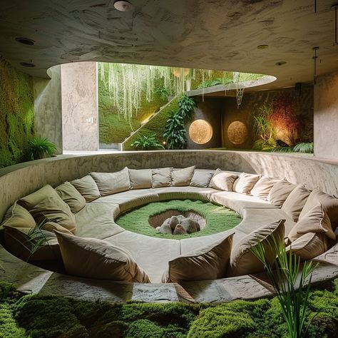 The Moss Meadow Conversation Pit is a serene, cozy space inspired by the tranquility of a lush meadow. Featuring moss-green upholstery, natural wood accents, and earthy tones, it offers a comfortable and immersive retreat for intimate conversations and relaxation. Conceptual AI Art Follow @ecosapiens for more! Green Conversation Pit, Conversation Pit Bed, Outside Conversation Pit, Conversation Pit Outdoor, Sunken Living Room 70s Conversation Pit, Earthy Home Interior, Eco Living Room, Outdoor Conversation Pit, Couch Pit