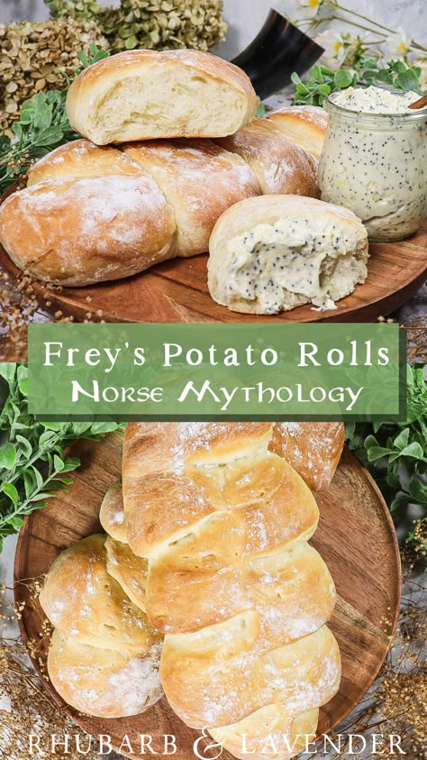 To honour Frey, the god of grain and fertility in Norse Mythology, these soft and tender potato rolls are shaped like a wheat sheath. Serve with a whipped lemon poppyseed butter for a sweet and decadent snack! Authentic Viking Recipes, Imbolc Recipes Dinner, Wiccan Food Recipes, Viking Desserts, Nordic Recipes Dinners, Ideas For History Project, Viking Food Recipes, Viking Recipe, Norse Recipes