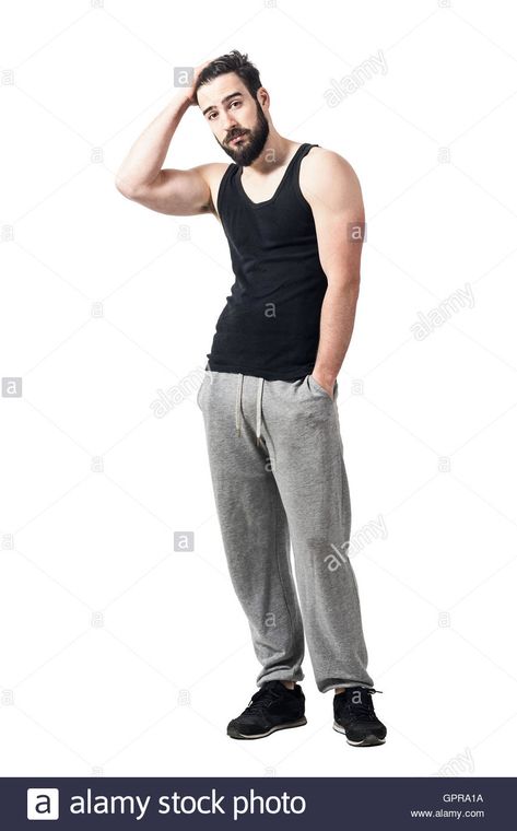 Cool relaxed athlete in black tank top with hands running through hair. Toned desaturated full body length isolated on white Stock Photo Masc Standing Poses, Hand In Hair Pose Male, Slouch Standing Pose, Slouching Pose Reference Male, Relaxed Posture Reference, Simple Full Body Pose Reference, Reference Photos Full Body Male, Cool Standing Poses Male, Relaxed Body Poses Drawing