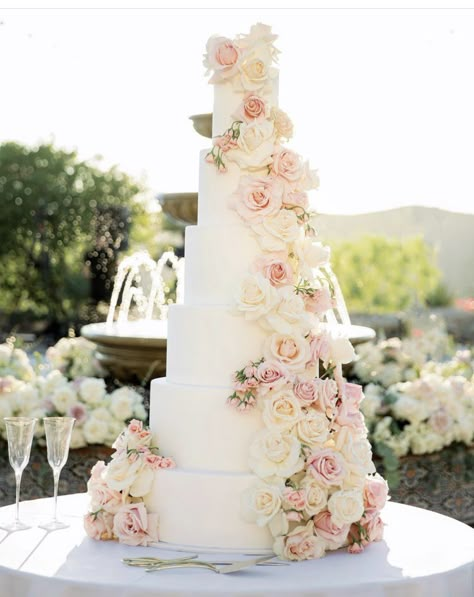 White And Blush Wedding Cake, Big Wedding Cakes With Flowers, Wedding Cake With Pink Roses, Soft Pink Wedding Cake, Over The Top Wedding Cakes, Tall Wedding Cakes Elegant, Wedding Cakes Pink Flowers, Big White Wedding Cake, Pink Flower Wedding Cake