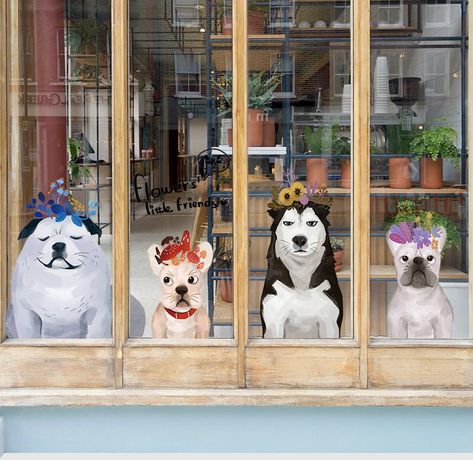 Grooming Salon Ideas, Dog Grooming Salon Ideas, Glass Door Sticker, Dog Grooming Salon Decor, Dog Boutique Ideas, Dog Daycare Business, Pet Grooming Shop, Dog Hair Dye, Pet Store Design