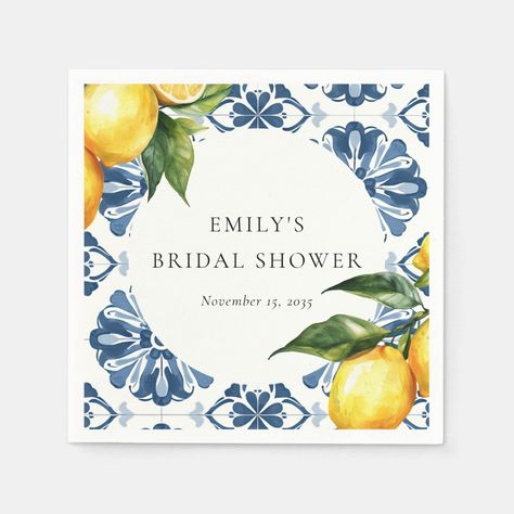 Tiles Mediterranean, Italian Bridal Showers, Bridal Shower Napkins, Italian Blue, Cloth Napkin, Paper Coaster, Blue Tiles, Baby Shower Theme, Positano