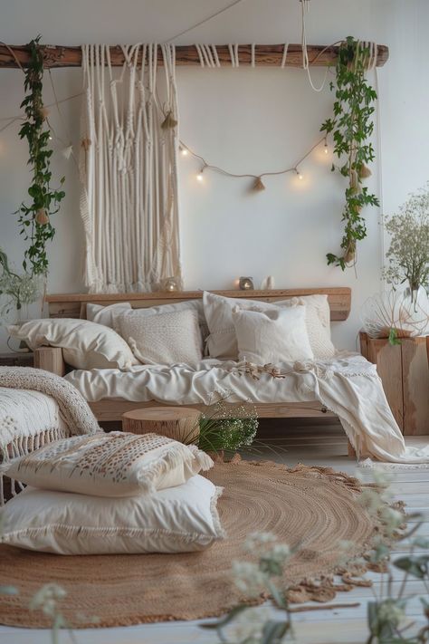 Un aménagement intérieur de maison de style bohème chic avec l'utilisation de matériaux comme le bois, les plantes d'intérieurs et des tissus moelleux. Au niveau des couleurs, utilisez des couleurs sobre comme le blanc, le beige, le gris et autre couleurs proche de la nature. Utilisez des éclairages doux. #DecorationInterieur #Bohème #Nature Earthy Living Room, Boheme Chic, Scandi Home, Farmhouse Boho, Nordic Home, Natural Home Decor, White Houses, Modern Rustic, Cozy House