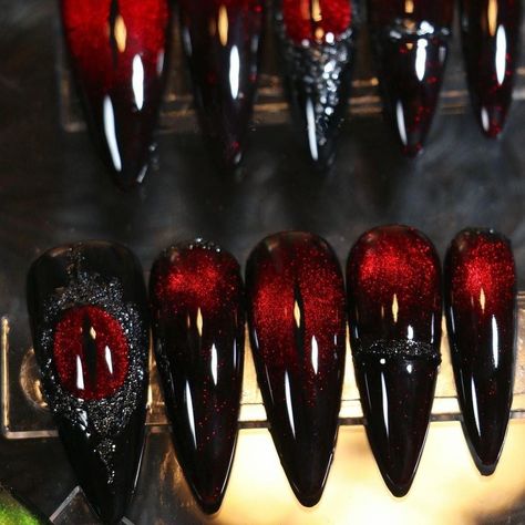 Spikey Nails, Eyes On Nails, Black And Red Nails With Rhinestones, Dark Nails For Fall, Vampy Nails Almond, Misfits Nails, Nail Red And Black, Gothic Red Nails, Goth Red Nails