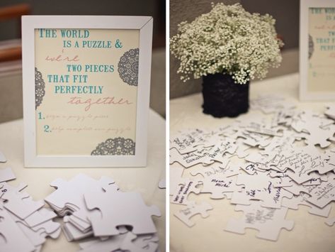 puzzle guest book Puzzle Guest Book Wedding, Creative Guest Book, Puzzle Guest Book, Polaroid Wedding, Wedding Puzzle, Piece Of Advice, Guest Signing, Wedding Guest Book Alternatives, Guest Book Alternatives