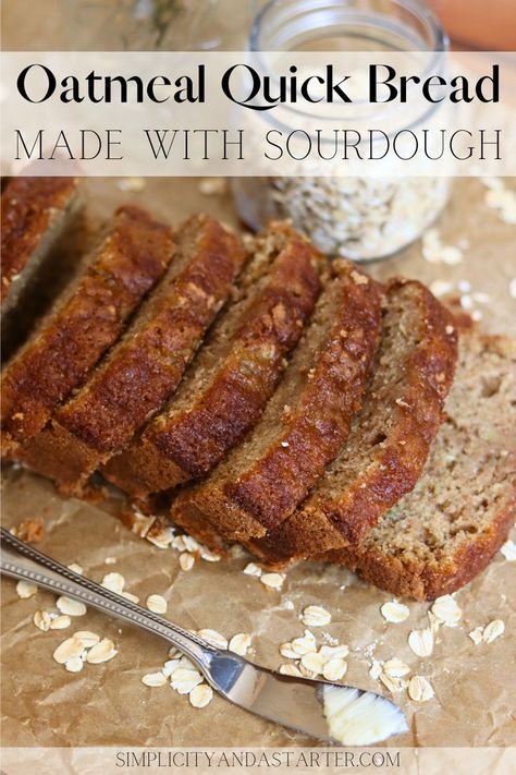 slices of sourdough oatmeal quick bread on parchment paper Oatmeal Quick Bread, Simple Sweet Bread Recipe, Bread With Oats, Sourdough Oatmeal, Recipe Using Sourdough Starter, Quick Bread Recipe, Sourdough Starter Discard Recipe, Oatmeal Bread, Homemade Sourdough Bread