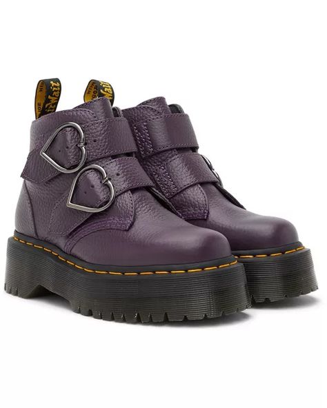 Dr. Martens Purple Devon Heart Platform Boots in Black | Stylemi Purple Platforms, Heels Purple, Flat Boots For Women, Purple And Black Outfits, Purple Doc Martens, Heart Platforms, Dr Martens Shoes, Dr Martens Outfit, Purple Boots