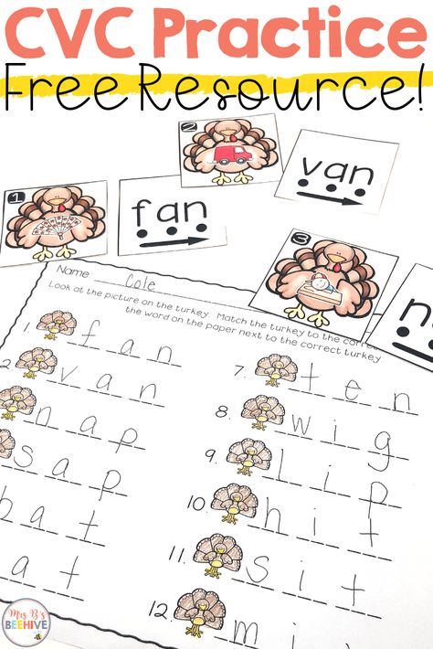 CVC cards & worksheets perfect for Thanksgiving. Use these during whole-class instruction, centers, or guided reading to practice beginning reading skills. #cvcword #cvcactivities #thanksgivingactivities Thanksgiving Literacy Centers, November Centers, Kindergarten January, Cvc Practice, Thanksgiving Literacy, Thanksgiving Centers, Kindergarten Thanksgiving, Thanksgiving Activities For Kindergarten, Thanksgiving Readings