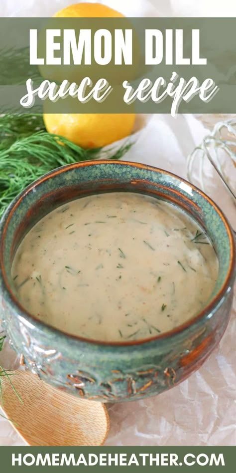 This lemon dill sauce is a zesty, creamy blend of fresh lemon juice, aromatic dill, and mayonnaise. The perfect addition to your fish dishes! Lemon And Dill Sauce, Lemon Chive Dipping Sauce, Outback Tiger Dill Sauce, Dill Sauce For Salmon Patties, Lemon Butter Dill Sauce For Salmon, Salmon Dill Sauce Recipes, Lemon Dill Sauce For Fish, Butter Dill Sauce For Salmon, Sauces For Veggies