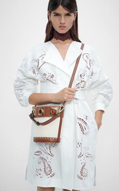 Peephole Embroidered Stretch Cotton Trench Dress By Etro | Moda Operandi 2023 Resort Wear For Women, Etro Resort, Bags 2024, Resort 2023, Cute Short Dresses, Trench Dress, Resort Fashion, Bucket Bags, Embroidery On Clothes