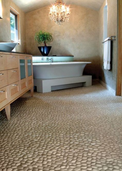 Outdoor Inspired Decor - River rock bathroom flooring. I want to move in immediately! River Rock Bathroom, Pebble Bathroom, River Rock Tile, River Rock Floor, Pebble Stone Flooring, Pebble Tiles, Rock Tile, Rock Floor, Pebble Floor