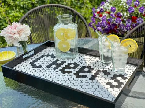 Tile Serving Tray DIY: How to Make A Trendy Black & White Platter | ehow Black Tray Decor, Serving Tray Diy, Tile Serving Tray, Black White Tile, Hearth Pad, Tile Tray, Diy Serving Tray, Tile Removal, White Platter