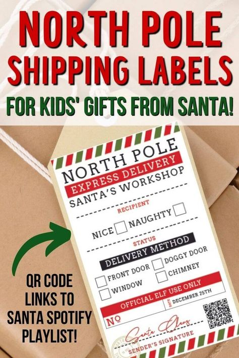 These super cute printable North Pole shipping label templates make awesome Christmas gift tags for kids' gifts from Santa! Make your kids presents look like they came straight from Santa's workshop in the North Pole! You can type your child's name directly in to the North Pole gift tag template and print on sticker paper or card stock... and the QR code links directly to a Christmas themed playlist in Spotify. So cool! North Pole Delivery Free Printable, Christmas North Pole Sign, Santas Address North Pole, North Pole Svg, Santa’s House North Pole, Santa Gift Tags Printable, Santa North Pole, North Pole Express, Diy Christmas Gifts Cheap