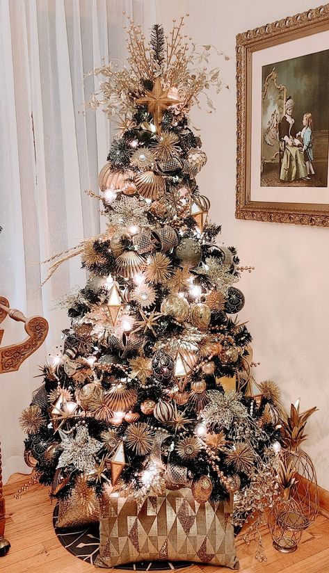 6 ft black tree, gold and copper ornaments Black And Rose Gold Christmas, Gold And Black Christmas Tree, Black Tree With Rose Gold Ornaments, Copper Christmas Tree, Black And Gold Christmas Tree Topper, Black Tree Gold Ornaments, Bronze And Crram Christmas Tree, Black Abd Gold Tree, Gold Tree Topper