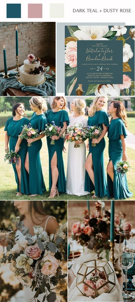 TOP 10 Wedding Color Ideas & Trends For 2023 Teal And Dusty Rose Wedding, Dark Teal Weddings, Dusty Rose Wedding Colors, Wedding Color Schemes Summer, Teal Wedding Colors, Wedding Color Schemes Spring, Unique Wedding Colors, Fall Wedding Color Schemes, Rustic Wedding Colors