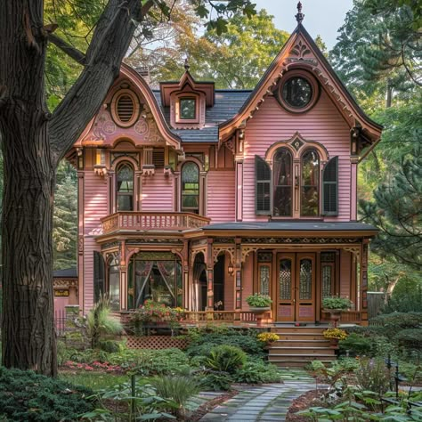 Dusty Rose Outdoor House Colors Offer Vintage Charm • 333+ Art Images Painted Lady Victorian House, Colorful Victorian House Exterior, Colorful Victorian Interior, Colorful Houses Exterior, Building References Architecture, Vintage House Aesthetic Exterior, Maximalist House Exterior, Old Vintage House Exterior, Pastel House Exterior