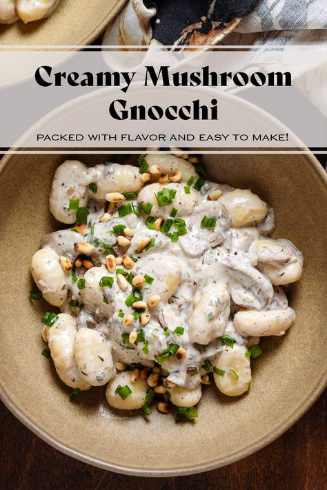 These Creamy Mushroom Gnocchi come together in less than 30 minutes, pack a ton of flavor, and they're extra delicious! If you're looking for a quick weeknight dinner that's easy to make, try these gnocchi dish. It's made with creamy goat cheese, lots of dried herbs, and pillowy potato gnocchi. Gnocchi And Mushrooms, Mushroom Gnocchi, Gnocchi Board, Gnocchi Dishes, Gluten Free Gnocchi, Creamy Goat Cheese, Making Gnocchi, Sweet Potato Gnocchi, Mushroom Dish