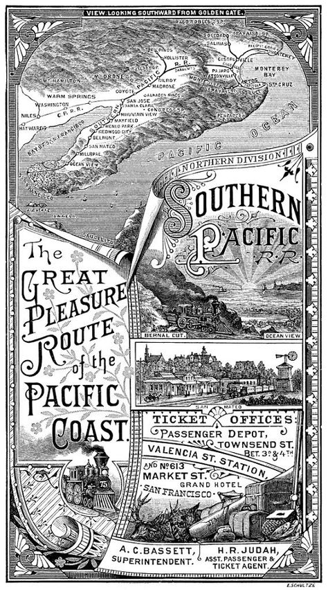 Southern Pacific Railroad advertisement from 1885. The company was founded in 1865 as a land holding company and became a railroad when it acquired the Central Pacific in 1885. The Central Pacific had employed as many as 12,000 emigrant Chinese laborers to build the railroad line from California to Utah where the "golden spike" was laid in 1869 to form the first transcontinental railroad. Utah was the connecting place with the Union Pacific railroad which had been built west from Council Bluffs. Central Pacific Railroad, Transcontinental Railroad, Golden Spike, Monterey Peninsula, Train Posters, Warm Springs, Southern Pacific, Union Pacific Railroad, Railway Posters