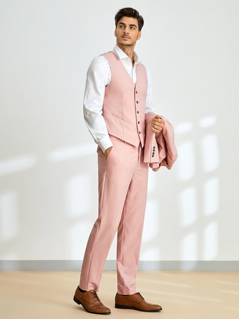 SHEIN Men 3pcs Notched Collar Blazer & Pants & Vest Set Without Floral Patched Pastel Pink Suits For Men, Old Rose Suit Men, Pink Blazer Outfit For Men, Suit Pink Men, Pink Vest Outfit Men, Rose Suit Men, Pink Prom Suits For Men, Pink Tuxedo Men, Pink Suit Men Wedding