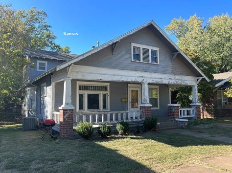 c.1915 Bungalow - Cheap House in Kansas Under $57K - Old Houses Under $50K 1950s Bungalow, Cheap House, Large Laundry Rooms, Hot Water Tank, Cheap Houses, Upstairs Bedroom, New Roof, Tall Ceilings, Living And Dining Room