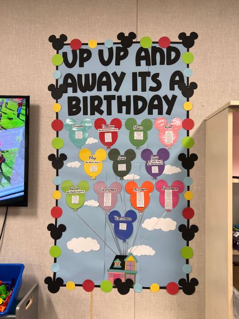 A birthday wall inspired by Disney’s Up & Mickey Mouse! Teacher Wall Ideas, Disney Day At School Ideas, Diy Disney Classroom Decor, Toddler Classroom Theme Ideas Daycares, Disney Themed Classrooms, Infant Room Daycare Decorations Diy, Minnie Mouse Classroom Theme, Disney Back To School Door Ideas, Disneyland Themed Classroom